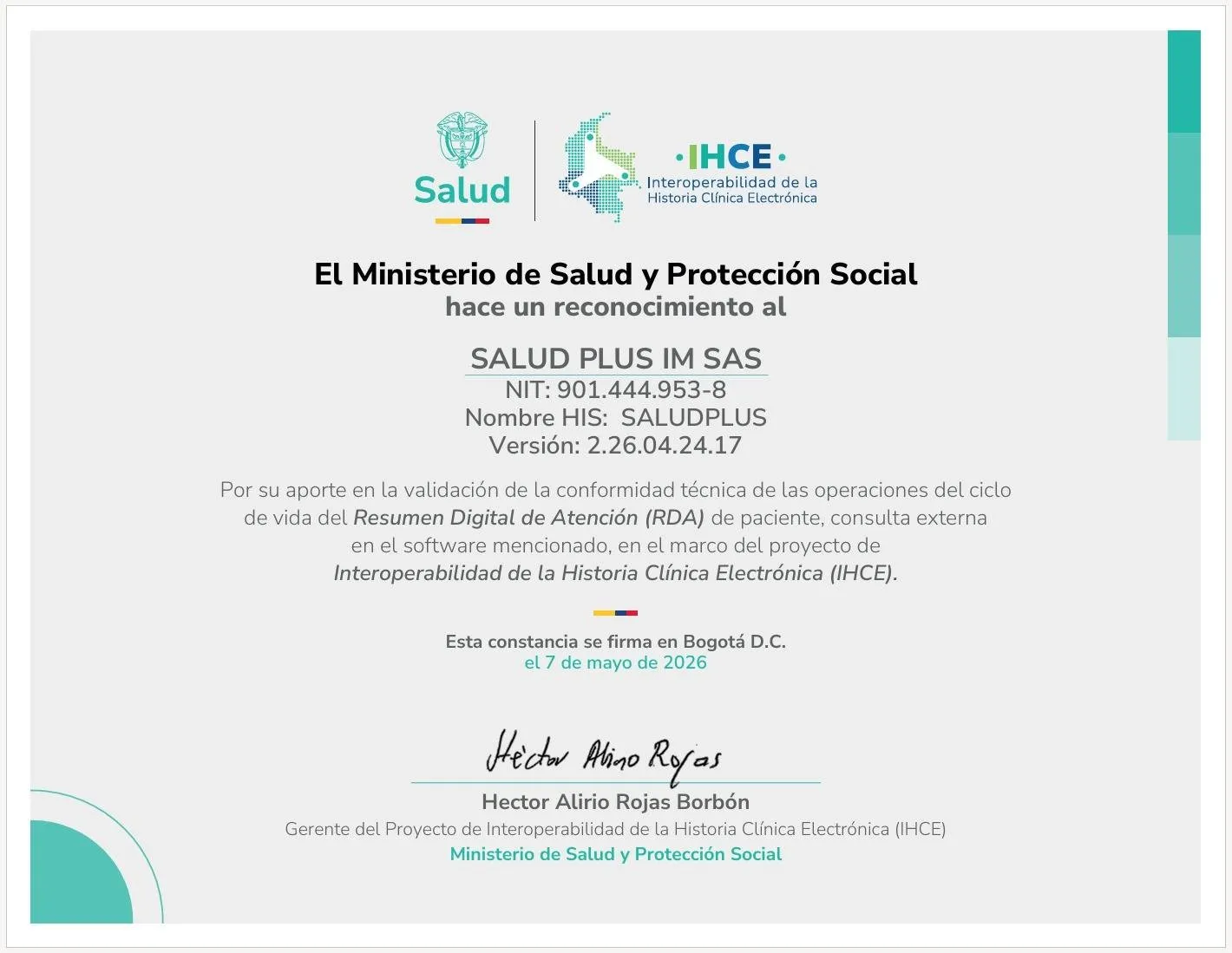 Certificado de la Resolución 1888 expedido por el Ministerio de Salud y Protección Social